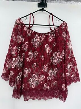 No Boundaries Burgundy Floral Lace Off-Shoulder Blouse